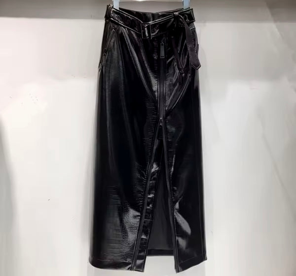 Women Fashion Black PU Leather Jacket Two Piece Maxi Skirt Set