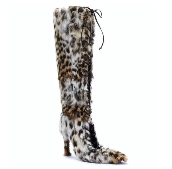 Women Fashion Animal Print Faux Fur Lace Up Knee High Boots