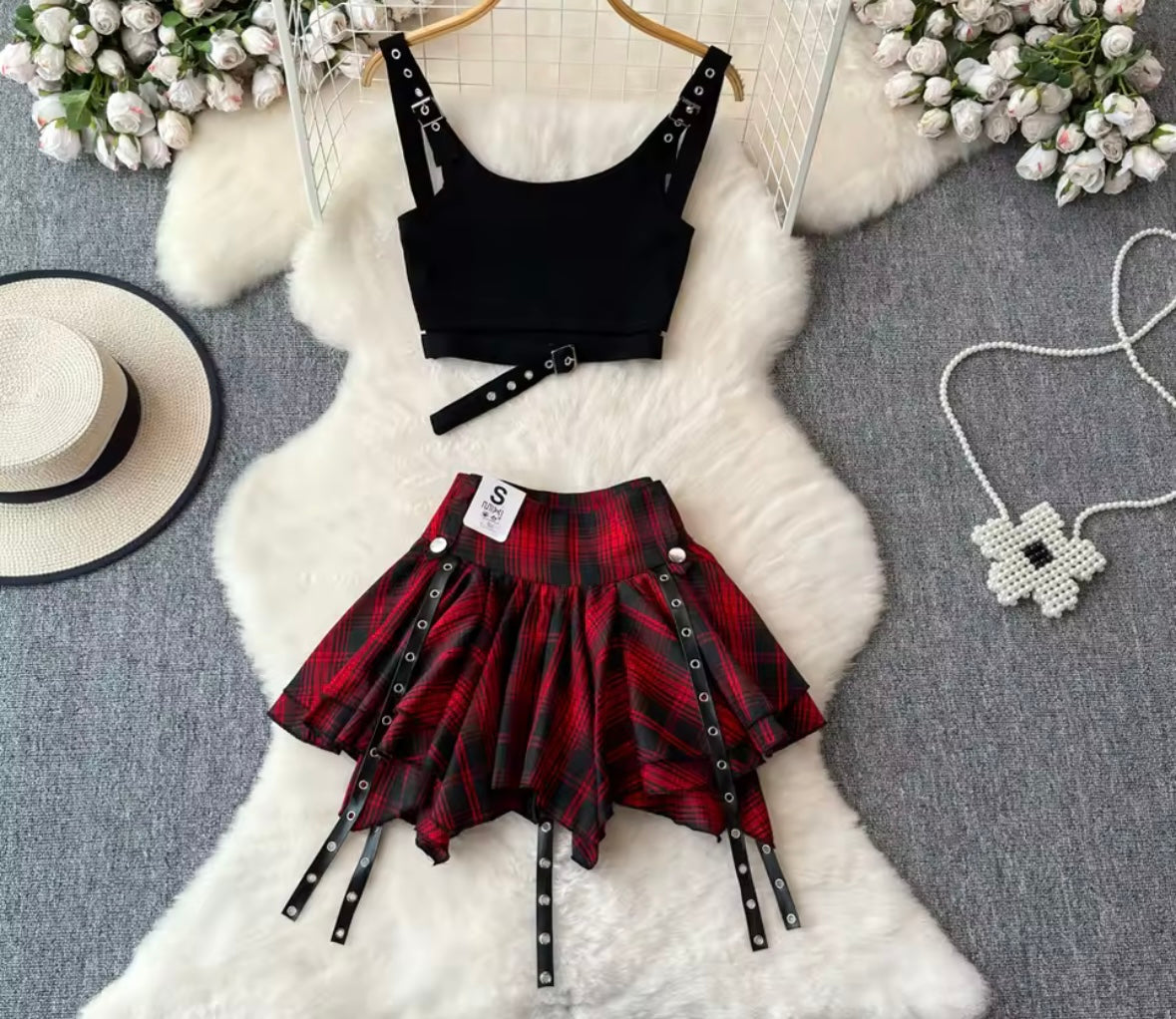 Women Sexy Sleeveless Buckled Crop Two Piece Plaid Skirt Set