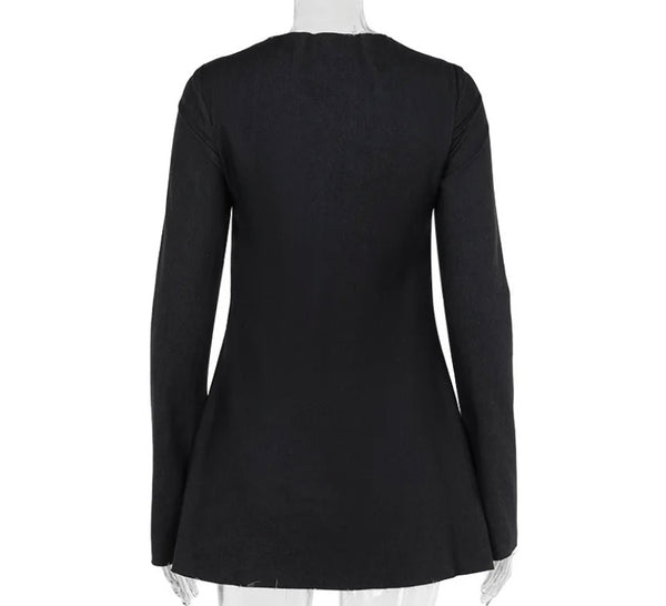 Women Sexy Black Zip Up Rivet Full Sleeve Dress
