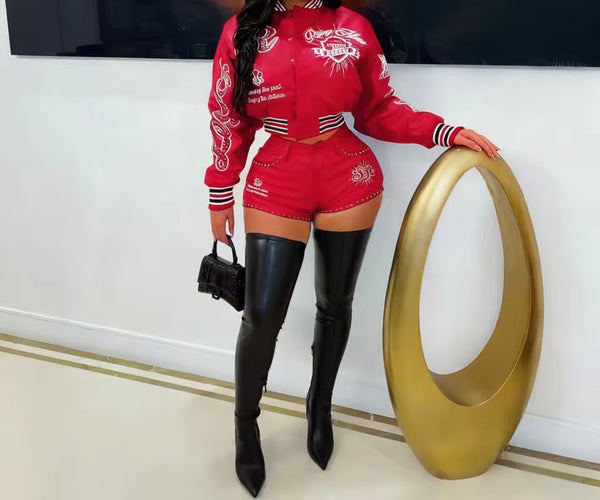 Women Printed Faux Leather Jacket Two Piece Short Set