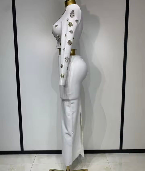 Women Sexy White Rhinestone Full Sleeve Two Piece Maxi Skirt Set
