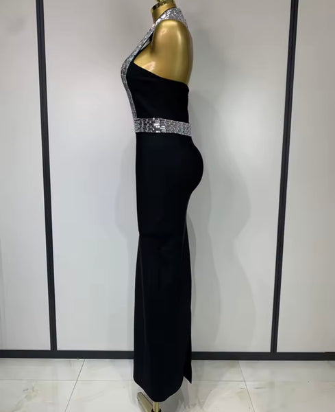 Women Black Bling Halter Sexy Sleeveless Maxi Dress