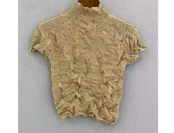 Women Color Short Sleeve Crinkle Fashion Top