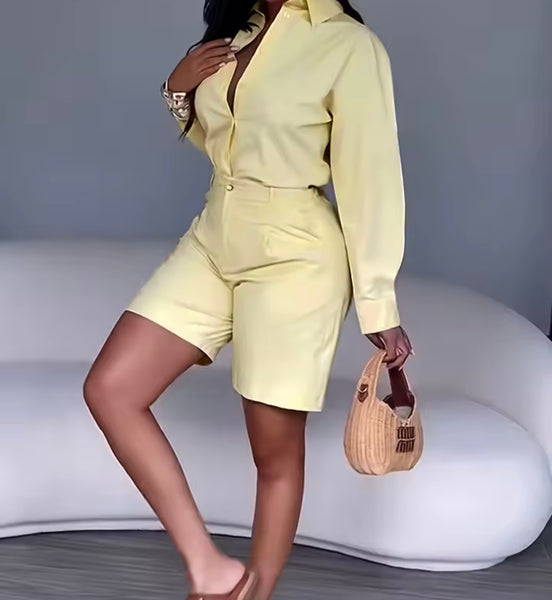 Women Color Fashion Button Up Two Piece Short Set