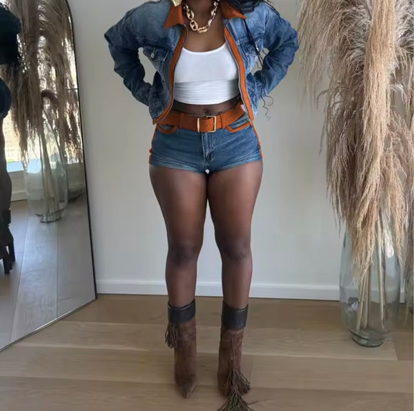 Women Fashion Brown Faux Leather Patchwork Denim Two Piece Short Set