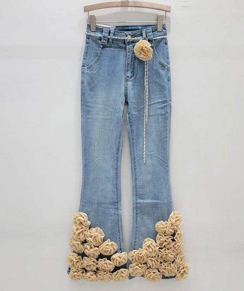 Women Denim Fashion Color Floral Patchwork Pants