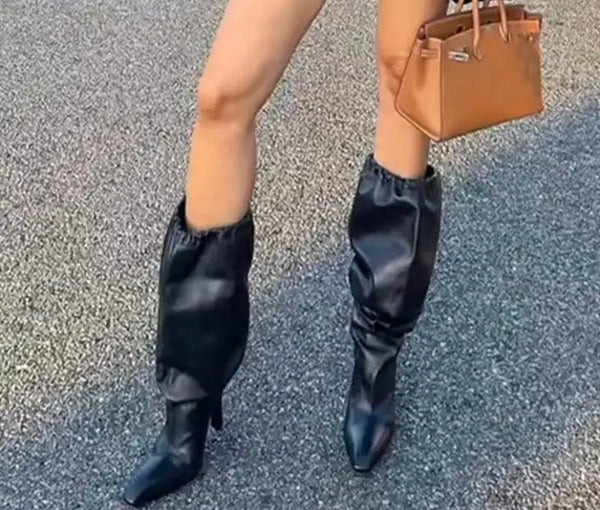 Women Fashion Solid Color Faux Leather Knee High Boots