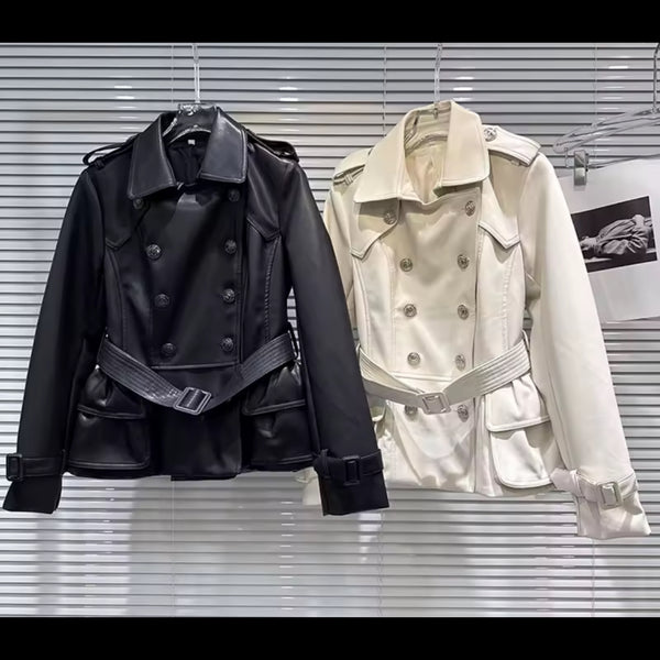Women Fashion Button Belted Faux Leather Jacket