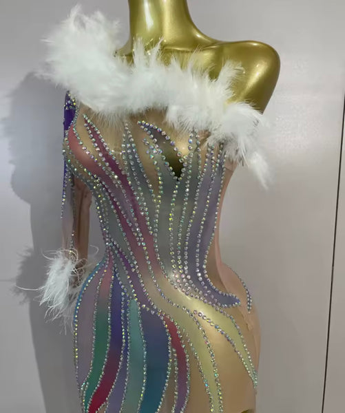 Women Sexy One Shoulder Feather Colorful Rhinestone Dress