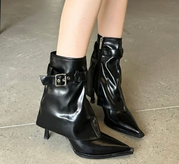 Women Pointed Toe Buckled Fashion High Heel Ankle Boots