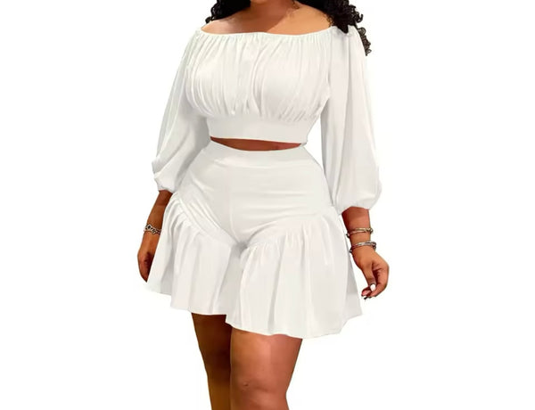 Women Solid Color Off The Shoulder Two Piece Short Set