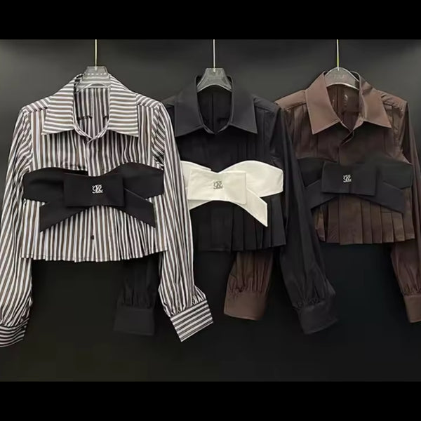 Women Collar Bow Full Sleeve Pleated Fashion Top