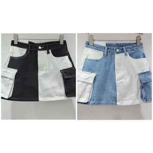 Women Fashion Color Patchwork Pocket Denim Skirt