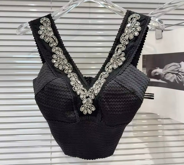 Women Sleeveless Rhinestone Embroidery Crop Top