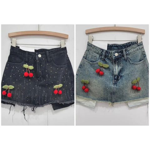 Women Fashion Rivet Cherry Denim Skirt