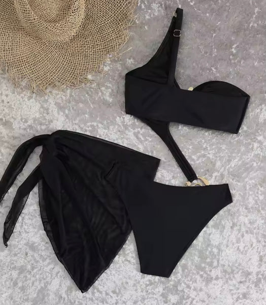Women Black Sexy One Shoulder Metal Swimsuit Cover Up Set