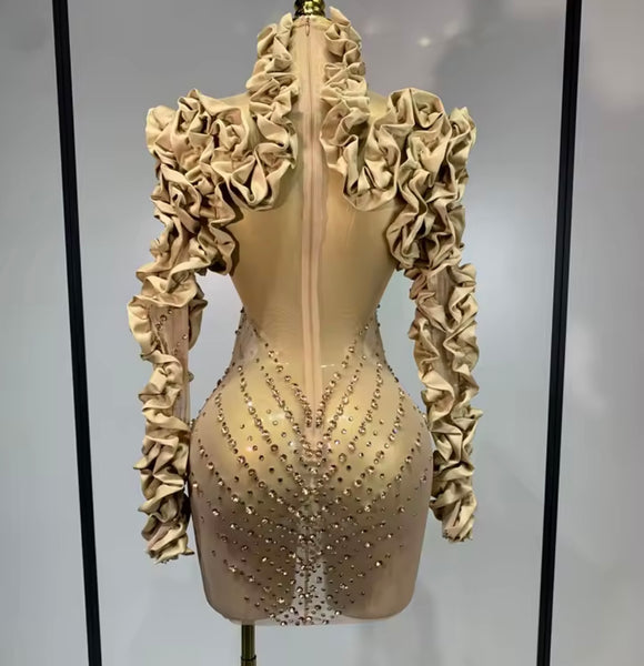 Women Gold Ruffled Rhinestone Full Sleeve Mesh Dress