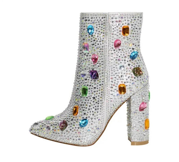 Women Fashion Silver Colorful Gem Ankle/Knee High Boots