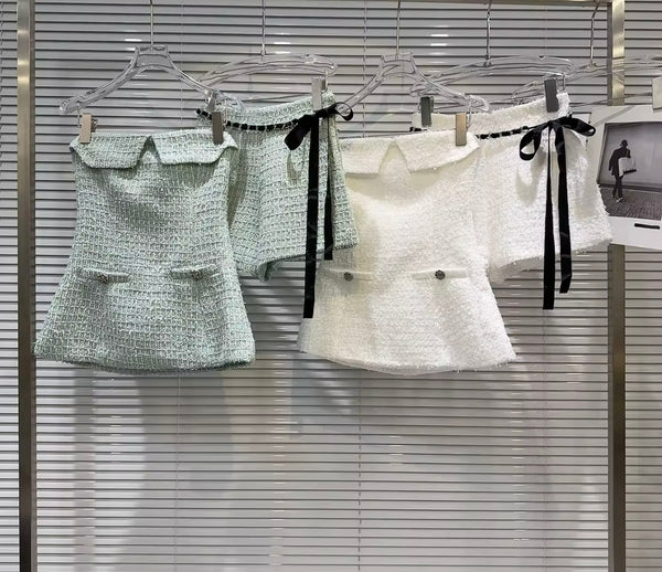 Women Color Strapless Tweed Two Piece Short Set