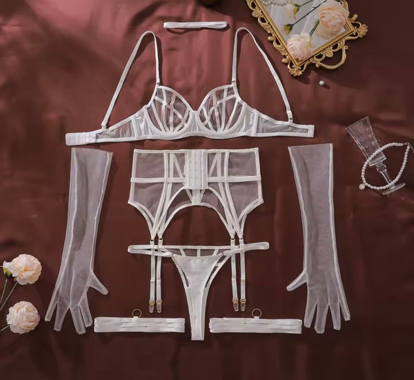 Women White Sexy Cut Out Glove Mesh Lingerie Set