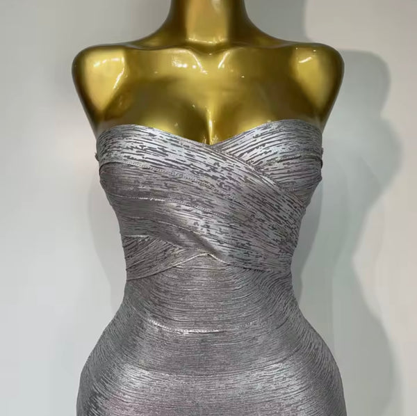 Women Silver Sexy Strapless Bandage Maxi Dress