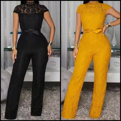 Women Sexy Fashion Lace Short Sleeve Two Piece Jumpsuit