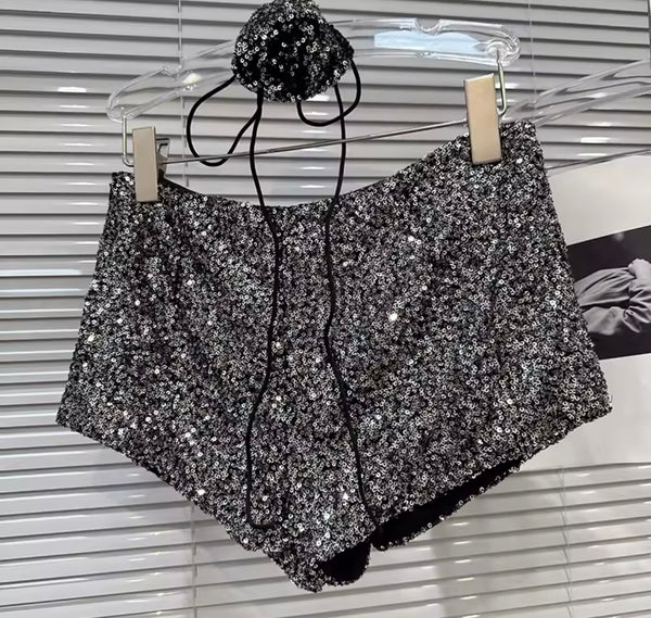Women Sequins Halter Sleeveless Two Piece Short Set