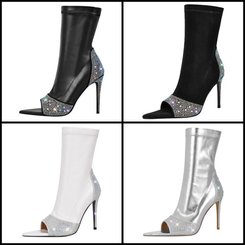 Women Fashion Rhinestone Patchwork Open Toe Ankle Boots