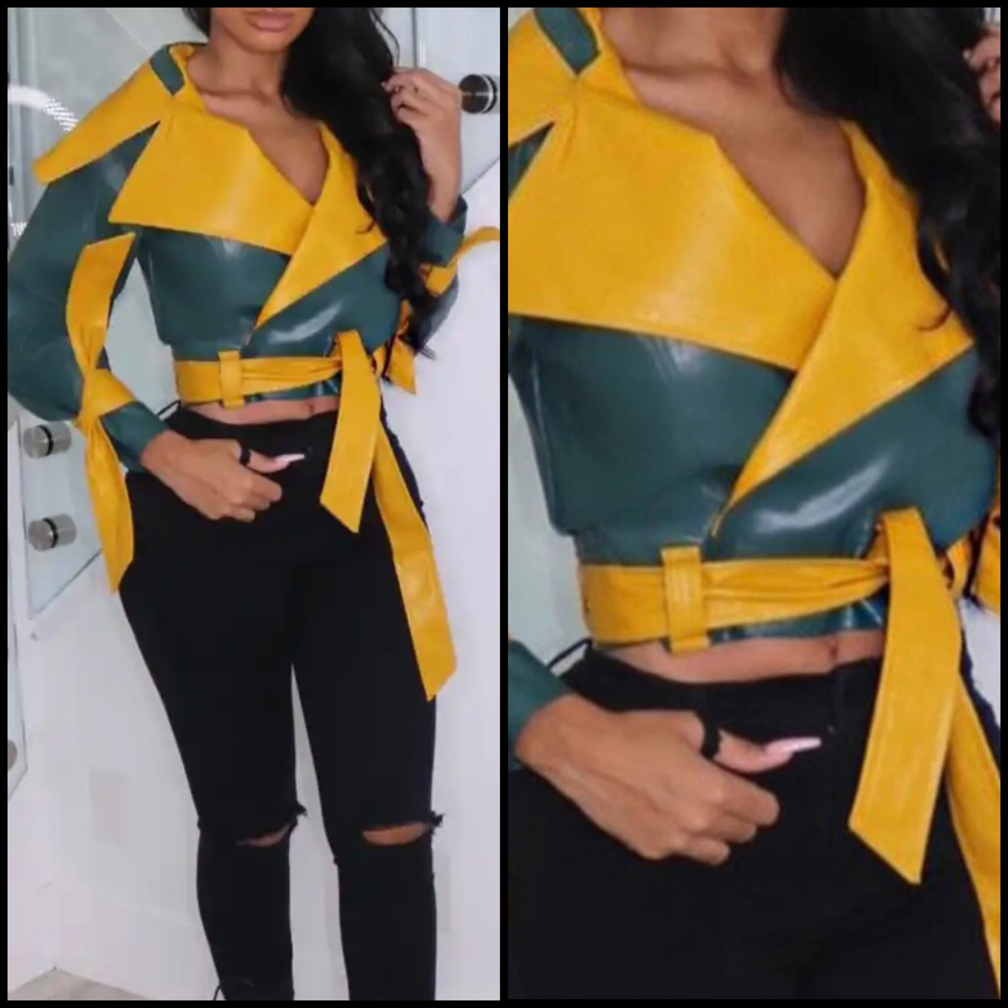 Women Fashion Color Patchwork Tie Up Faux Leather Crop Jacket