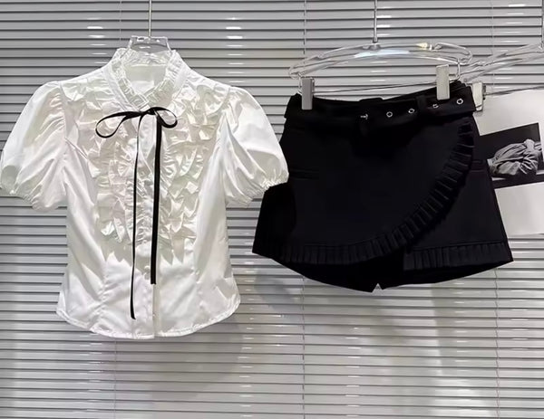 Women Button Up Ribbon Short Sleeve Two Piece Wrap Short Set