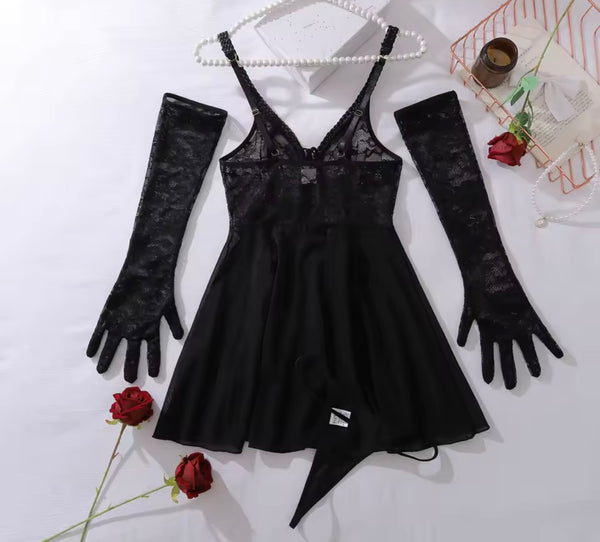 Women Black Sexy Sleeveless Glove Lace Lingerie Set
