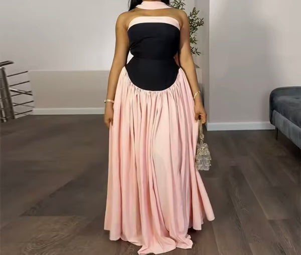 Women Sexy Strapless Color Patchwork Pleated Maxi Dress