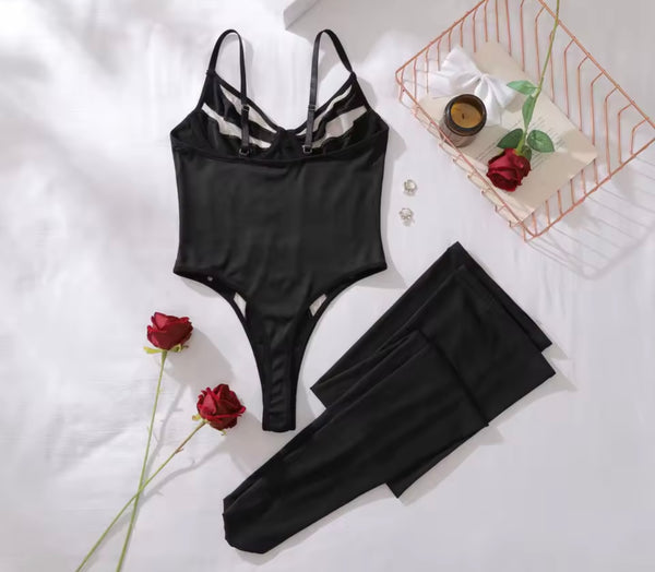 Women Sexy Sleeveless Black Mesh Patchwork Bodysuit Lingerie Set