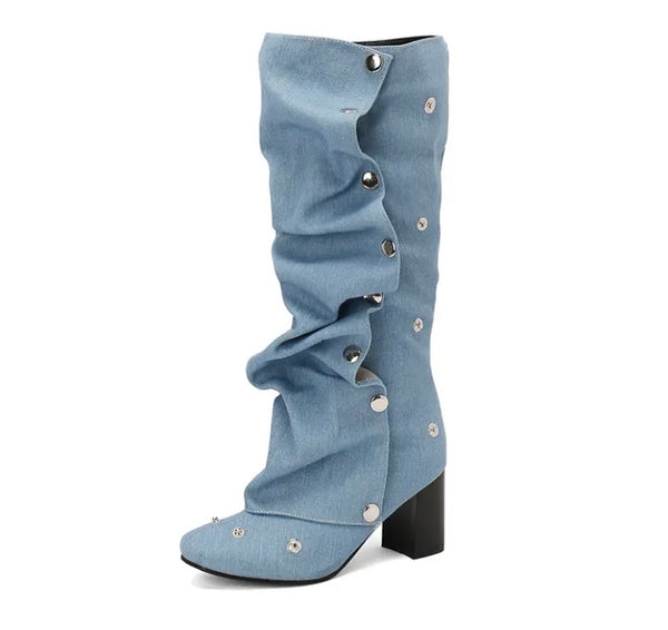 Women Fashion Suede/Denim Button Knee High Boots