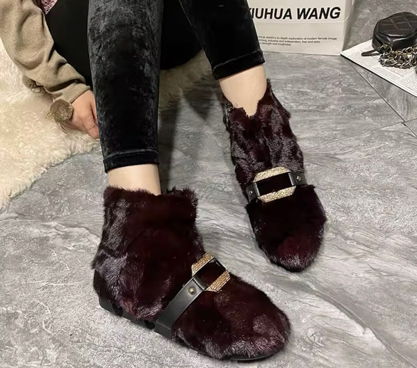 Women Fashion Bling Buckled Faux Fur Ankle Boots