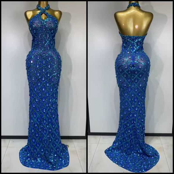 Women Blue Halter Sleeveless Sexy See Through Maxi Dress
