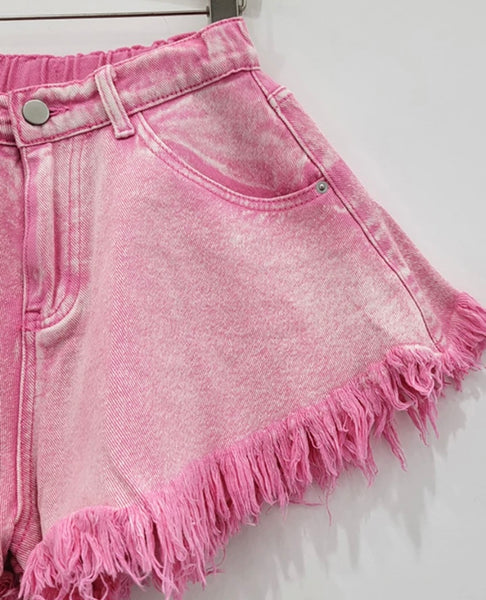 Women Pink Fashion Fringe Denim Shorts