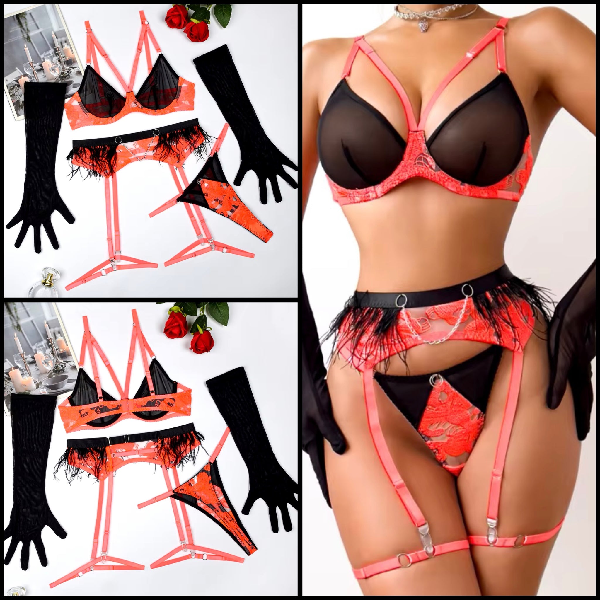 Women Sexy Color Patchwork Feather Mesh Glove Lingerie Set