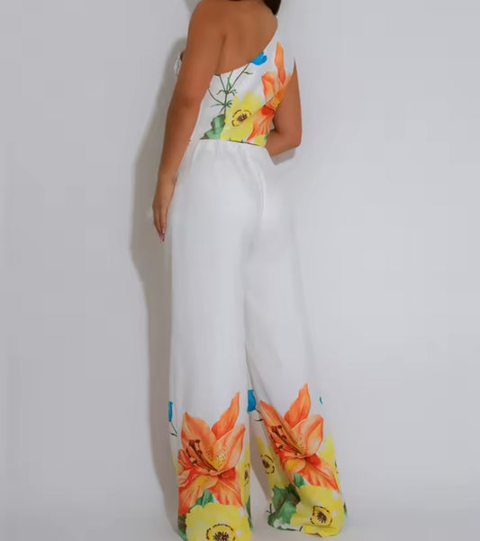Women One Shoulder Sleeveless White Floral Print Two Piece Pant Set