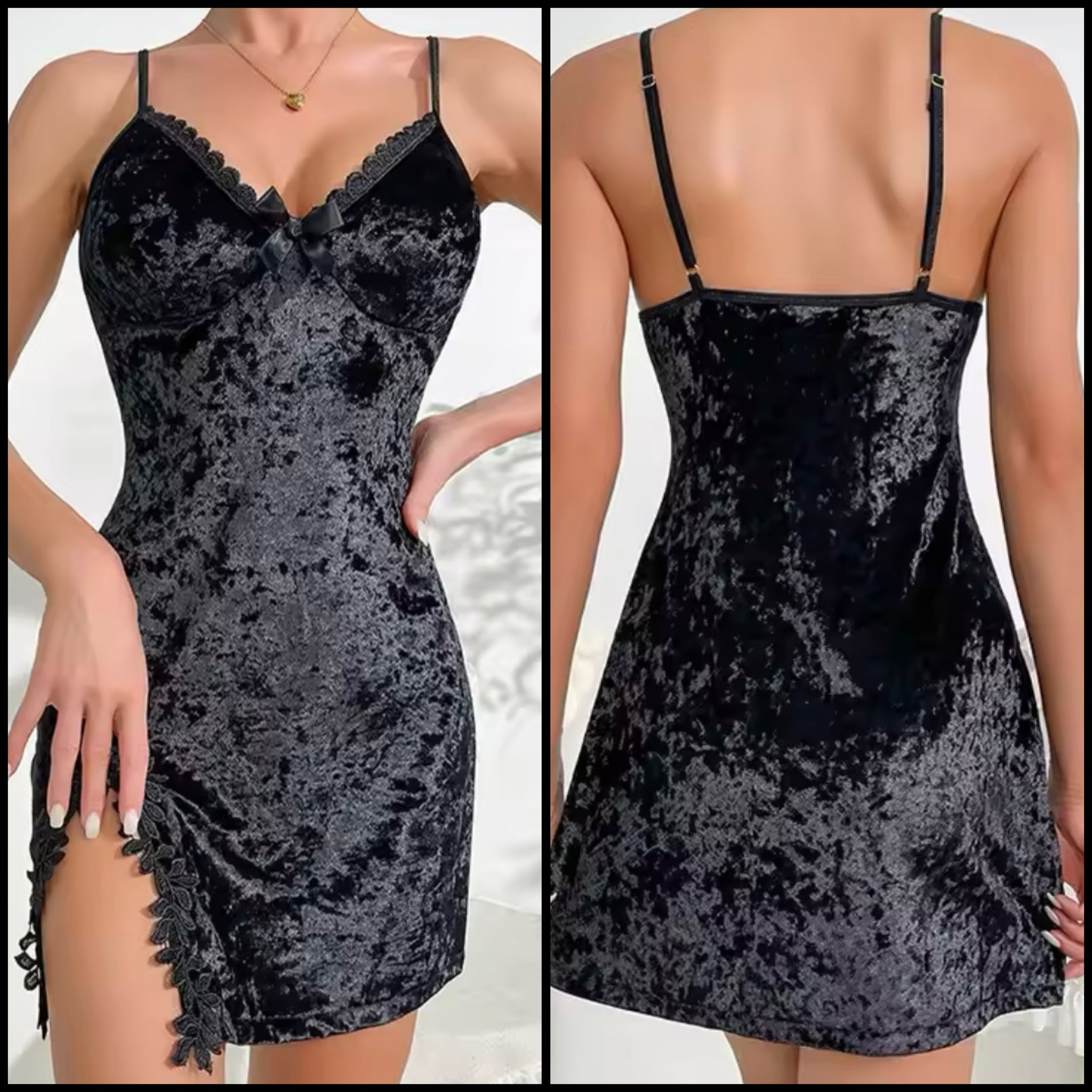 Women Sexy Sleeveless Black Velour Nightgown
