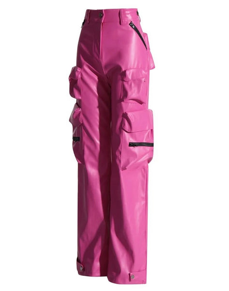 Women Pink Faux Leather Fashion Zipper Cargo Pants