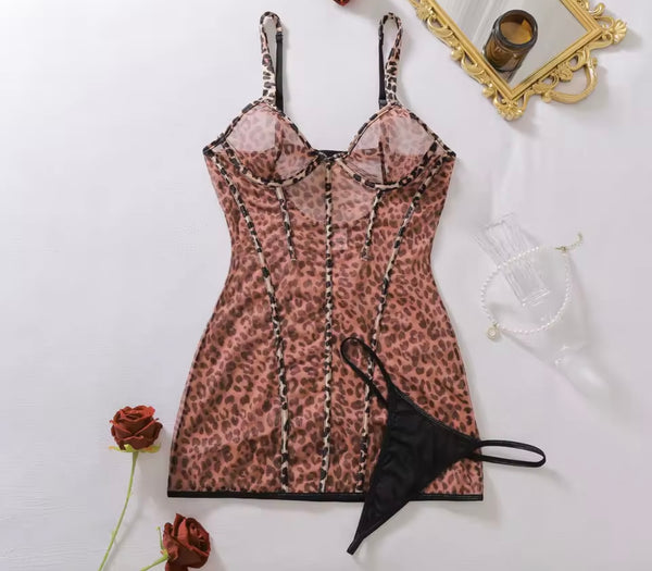 Women Sexy Leopard Mesh Nightgown Lingerie