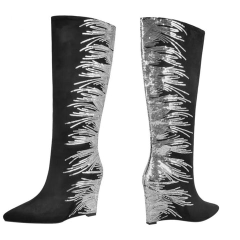 Women Platform Wedge Suede Sequins Knee High Boots