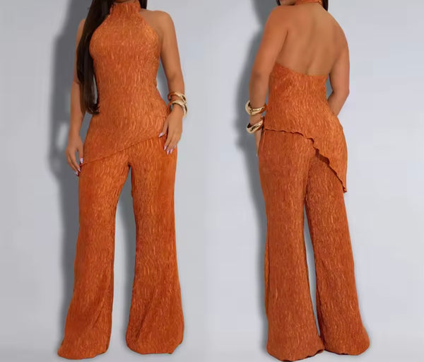 Women Halter Sleeveless Open Back Fashion Two Piece Pant Set
