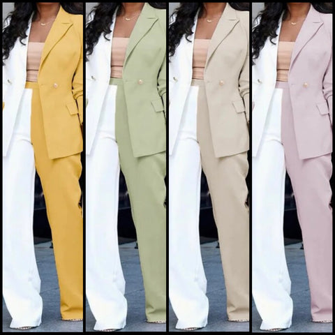 Women Fashion Color Patchwork Button Up Blazer Two Piece Pant Set