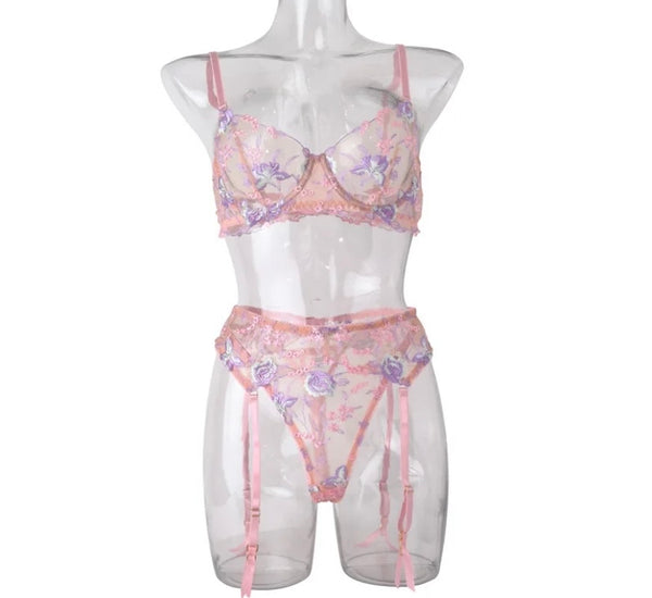 Women Sexy Pink Lace Floral Lingerie Set