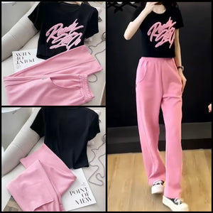 Women Fashion Letter Print Short Sleeve Two Piece Pant Set