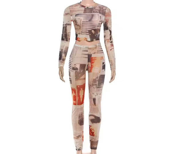 Women Fashion Printed Full Sleeve Mesh Two Piece Pant Set