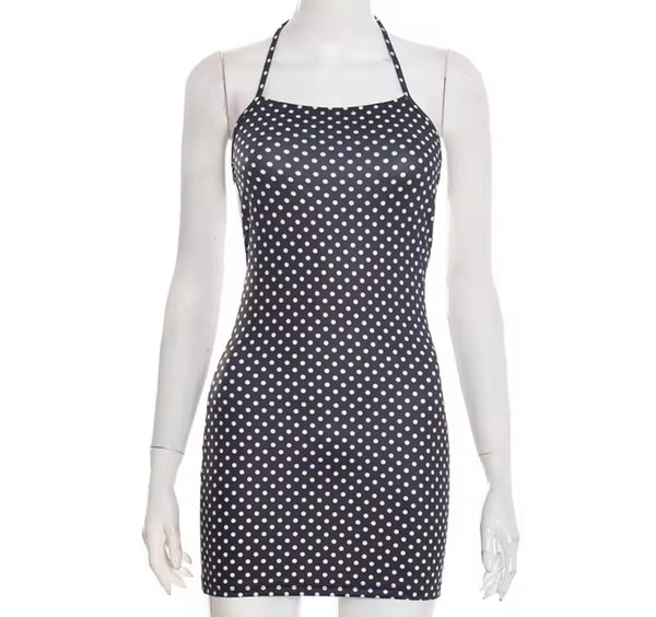 Women Sexy Halter Open Back Polka Dot B&W Dress